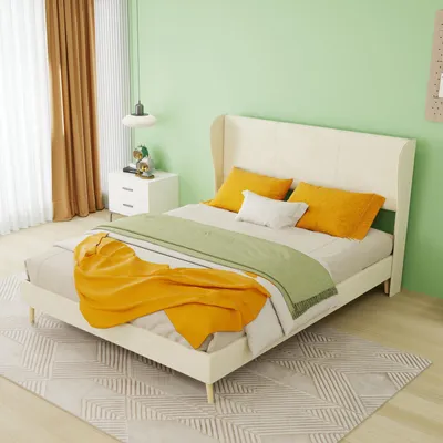 Imagen del producto de Cama tapizada de 140x200 cm en color beige, con revestimiento de tela y cabecero acolchado, diseño minimalista para el dormitorio, sin colchón
