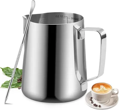 Produktbild von 350ml Milchk?nnchen Edelstahl, Barista Milchkanne mit Deko-Stift fš¹r Cappuccino Latte