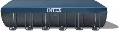 A rectangular swimming pool cover with the brand name INTEX printed on it.