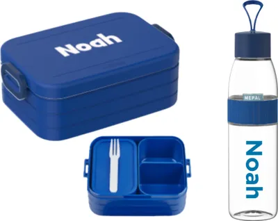 Productafbeelding van Mepal Set – Gepersonaliseerde lunchbox en drinkfles van 500 ml – Brotdoos met naam voor kinderen en volwassenen – Vrij van BPA – Geschikt voor school, kantoor en onderweg – Levendig blauw