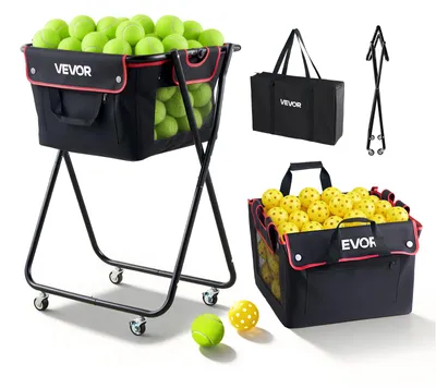 Obrázek produktu pro Skládací vozík na tenisové míčky VEVOR, koš na 175 tenisových míčků nebo 290 míčků na pickleball, skládací vozík s rámem z uhlíkové oceli a přepravní taškou, koš na míčky s kolečky pro trénink, černý
