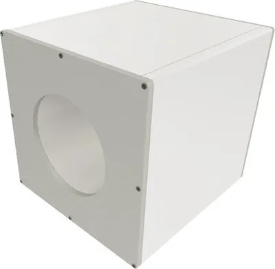 A white cube-shaped product with a circular opening on one side, likely a ventilation or passage component.