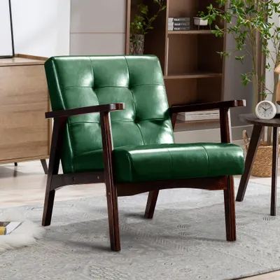 Produktbild von Mid-Century-Sessel – Loungesessel aus dunkelgrünem Kunstleder mit Holzrahmen