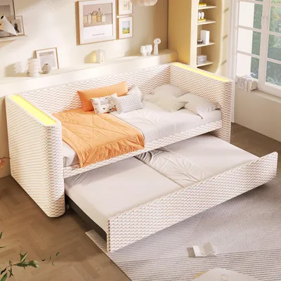 Zdjęcie produktu dla Łóżko dzienne, daybed, rozkładana sofa, wielofunkcyjna konstrukcja z wysuwanym łóżkiem i listwą LED, stelaż z listew (bez materaca), aksamit, 90(180) cm × 200 cm, beżowy