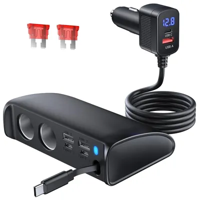 9-in-1 Auto-Ladegerät 148 W mit einziehbarem USB-C-Kabel, QC3.0, Voltmeter