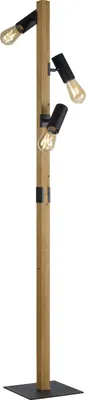 A floor lamp with a wooden pole and three black adjustable spotlights.