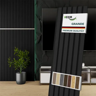 Produktbild von HEXIM Akustikpaneele 2 Stück 140x30cm Holz Grande - Wandpaneele Platten Lamellen Holzpaneele Echtholzfurnier 21mm Filz Schalldämmung MDF Schwarz (0,84m² Black Ash)
