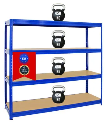 Produktbild von Schwerlastregal DINO | HxBxT 180x240x60cm | 4 MDF-Platten-Ebenen 6,5 mm | Fachlast 450kg | Blau