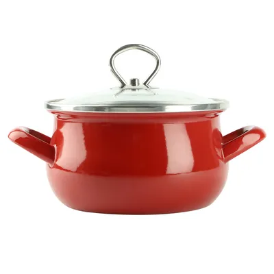 A red enamel pot with a glass lid and silver handles is shown against a white background.