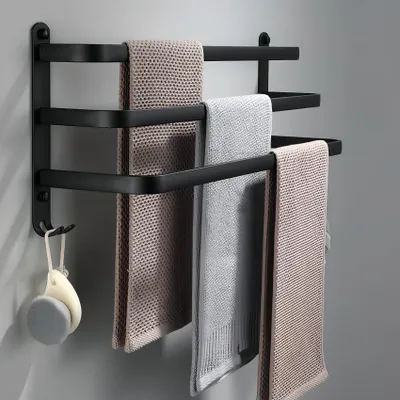 Image de Porte-serviettes noir avec crochets - Montage mural pour salle de bain, pas de perçage nécessaire