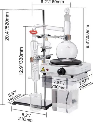 Produktbild von Laboratoriumset für destillieren, 500 ml, 3,3 Boro-Glas, 1000 W Heizplatte, 24/40-Verbindung, 33-teiliges Set