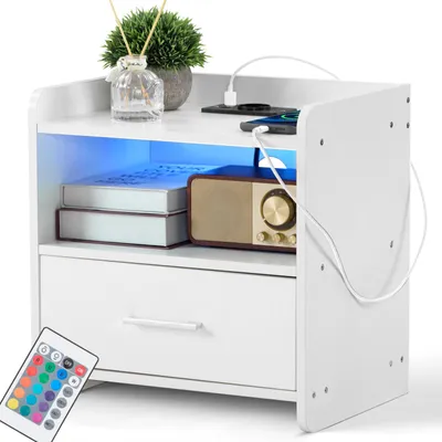 Produktbild von FCH Nachttisch Beistellschrank Nachtschrank mit LED-Beleuchtung,16 LED Farben mit Ladestation und USB-Anschlüssen, Weiß