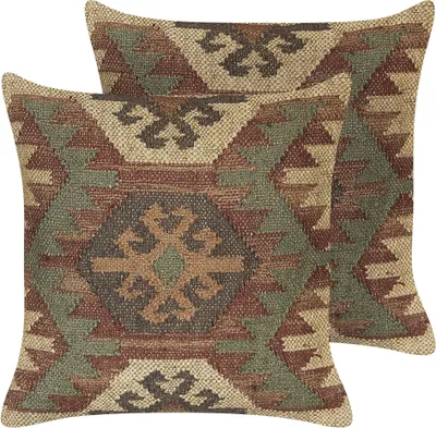 Produktbild von BELIANI Dekokissen 2er Set Mehrfarbig Jute und Wolle 45x45 cm Quadratisch mit Polyester-Füllung Muster Orientalisch Geometrisch für Wohnzimmer Deko