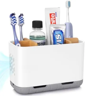 Produktbild von PolkaHome® Badezimmer Zahnbürstenhalter – multifunktionaler Organizer, herausnehmbare Fächer, 19 x 8 x 12 cm, Weiß