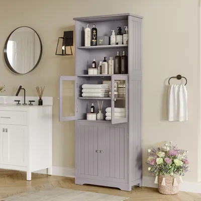 Image de Flieks Armoire de salle de bain avec portes vitrées, 57.5x28.5x160 cm, armoire haute avec 2 étagères ouvertes, armoire au sol avec beaucoup d'espace de rangement, gris