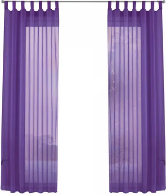 Two purple sheer curtains hanging on a rod, covering a window.