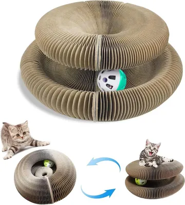 Produktbild von Runde faltbare Kratzmatte für Katzen - interaktives Kratzspielzeug mit Glöckchen - Wellpappe Kratzspielzeug - Kratzpads für Katzen