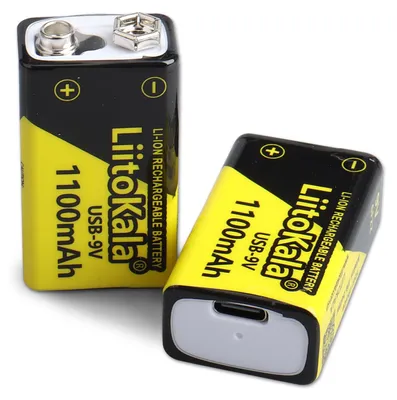 Obrázek produktu pro 2 kusy 9V nabíjecích baterií, lithium-ionové články s kapacitou 1100 mAh, včetně kabelu pro rychlé nabíjení přes USB-C