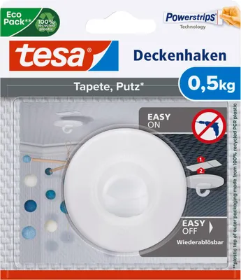 Produktbild von tesa Klebehaken Deckenhaken selbstklebend mit Powerstrips, wiederverwendbar
