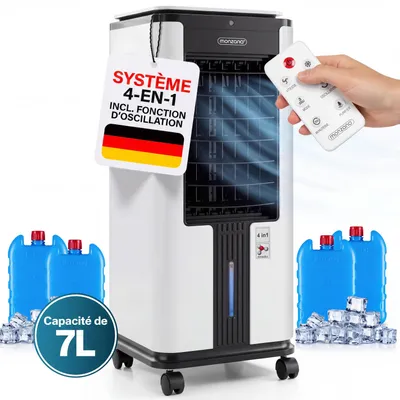 Image de MONZANA® Rafraîchisseur d’Air Mobile 7L 4en1 avec Télécommande – Ventilateur, Humidificateur, Purificateur & Ioniseur – 3 Vitesses, Climatiseur Évaporatif Silencieux, Idéal Maison & Bureau