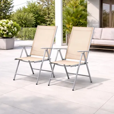 2er Set Garten Klappstuhl Hochlehner Alu - Textilen 7- Positionen Silbergrau/Beige
