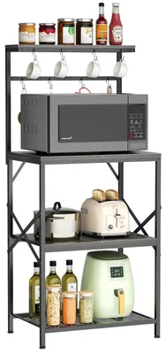 Produktbild von Platzsparendes Küchenregal für Mikrowelle & Gewürze, Stabiles Standregal aus Metall & Holz, Modernes Mikrowellenregal für die Arbeitsplatte, Schwarz