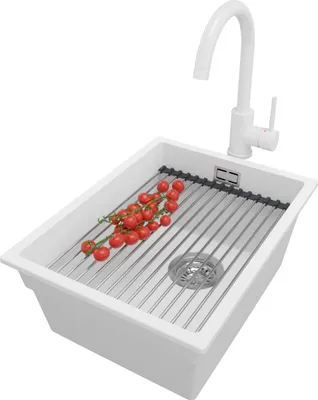 Produktbild von PRIMAGRAN Granitspüle Weiß 36x47cm, Spülbecken 1 Becken + Küchenarmatur 32x20cm + Ablauf-Set + Küchenzubehörset, Küchenspüle ab 40er Unterschrank - Praga Slim