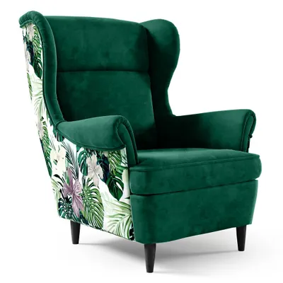 Produktbild von Ohrensessel HAVANA Print – Skandinavischer Relaxsessel mit hoher Rückenlehne, modernem Design, Flaschengrün, Wenge-Beine