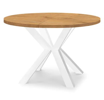 Image de Table ronde à rallonges pour salle à manger RAL avec pieds en bois, style loft, industriel, diamètre : 90 / 140 cm, couleur : chêne Lancelot / blanc
