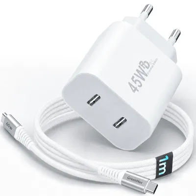 Produktbild von 45W USB-C Schnellladegerät Charger mit GaN-Technologie für Handy, iPhone, Samsung S21-S25, Tablet, iPad Dual Port PD - Ladegerät + 1m Kabel, KI-generiertes Bild