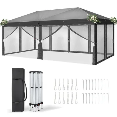 Produktbild von LEADZM Faltpavillon Partyzelt Pop Up Pavillon 3x6m, mit 6 Netzvorhängen, UV-Schutz ,höhenverstellbarer Gartenpavillon, mit Tragetasche,Grau
