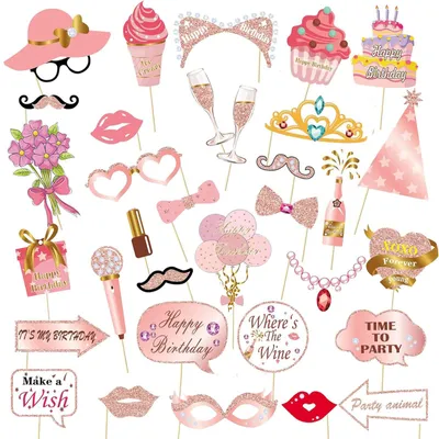 Produktbild von Ein 33-teiliges Foto-Requisiten-Set in Roségold für Geburtstagsfeiern
