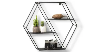Produktbild von LIFA LIVING Hexagon Wandregal aus Metall mit 4 Böden, Schwarzes Schweberegal im Industrie Design, Sechseckiges Hängeregal als Wanddeko, 58 x 51 x 11 cm