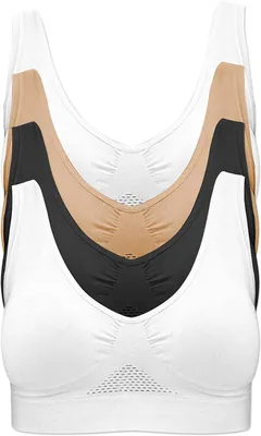 Immagine prodotto di Reggiseno sportivo senza ferretto, modello senza cuciture, confezione da 4 pezzi nei colori bianco, nero e beige