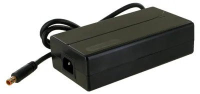 A black power adapter with a cable and connector.