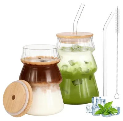 Immagine prodotto di Set di 2 bicchieri per Latte Macchiato, capacità 500 ml, con coperchio e cannuccia