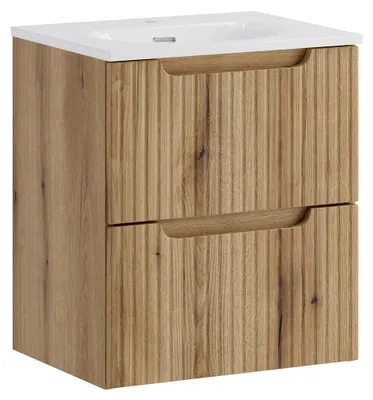 Produktbild von Badezimmer Waschtisch mit 50 cm Breite in Eiche mit gerillter Front, 2 Schubladen - NEWPORT-56-EVOKE