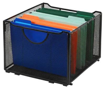Obrázek produktu pro Relaxdays Box na závěsné složky, závěsné složky, VxŠxH: 26 x 39 x 34 cm, s úchytem, ocel, stohovatelný kancelářský box na dokumenty, černý