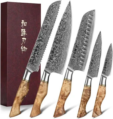Produktbild von HEZHEN Messer 5 Stück Santoku Damast aus 67-lagigem Stahl