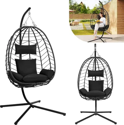 Produktbild von EUGAD Hängesessell mit Gestell Outdoor und Indoor, 150 kg Tragfähigkeit, PE-Rattan, Metallgestell, Anthrazit