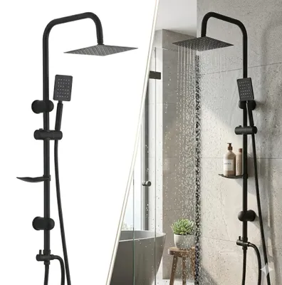 Image de Ensemble complet de système de douche, barre de douche réglable en hauteur, en acier inoxydable, 92 cm, douche de pluie, noire