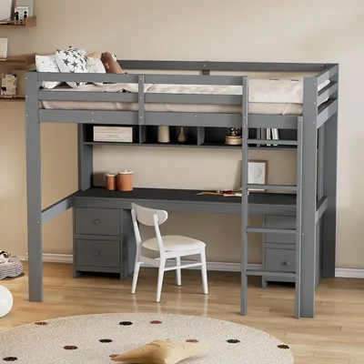 Produktbild von MODFU Hochbett 90x200cm mit Tisch, Schubladen und Fächer, Hohes Geländer, Grau(ohne Matratze)