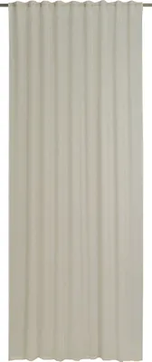 A plain beige curtain hanging from a rod.