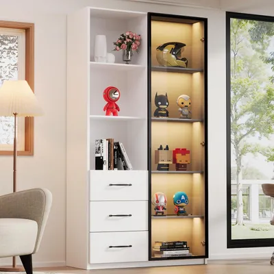Image de Vitrine éclairée par LED, dimensions 80x40x160 cm, couleur blanche, en aluminium, avec des étagères en verre trempé et des tiroirs