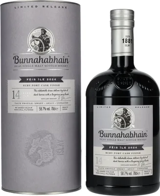 Produktbild von Bunnahabhain 14 Years Old RUBY PORT CASK Matured Limited Release Fèis Ìle 2024 58,7% Vol. 0,7l in Geschenkbox
