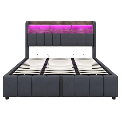 Produktbild von Flieks Polsterbett 180x200cm mit USB &Type-C, Boxspringbett Stauraumbett mit LED & Stauraumkopfteil, Doppelbett Jugendbett, Leinen, Grau