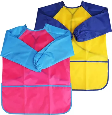 Produktbild von Malschürze Kinder, L -Wasserdichte Langarm Kinder Malkittel Kunst Kittel mit Ärmeln und Taschen zum Schule Malen, Backen, Kochen, Backen - 2-6 Jahre Alte Kinder - 2 Stück (Rosa und Gelb)