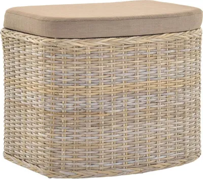 A close-up studio shot of a woven storage ottoman with a padded lid.