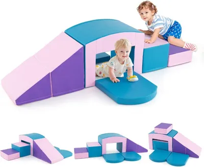 Produktbild von 6 TLG. Schaumstoffbausteine Softbausteine mit Tunne Treppe & Rampe Blau + Lila