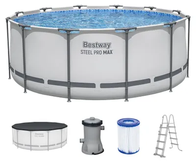 Zdjęcie produktu dla Basen stelażowy, okrągły, zestaw 11w1, 366 x 122 Steel Pro Max z konstrukcją Bestway 56420 szary
